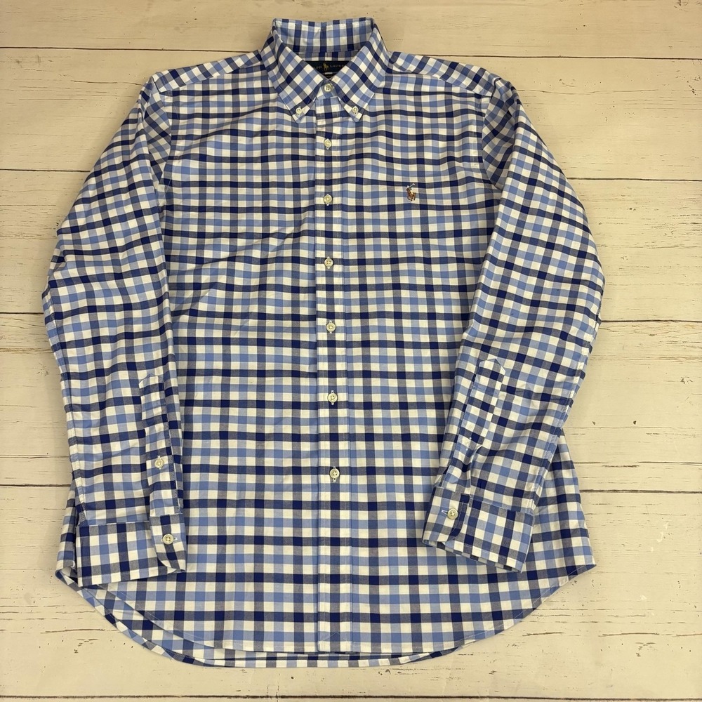 Ralph Lauren Check Shirt Mens Large Blue Slim Fit Button-Down Long Sleeve - Picture 2 of 9